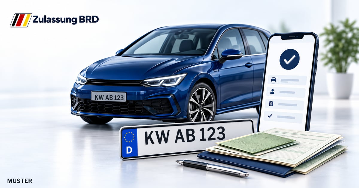 Online Fahrzeugzulassung in Zeuthen: Musterkennzeichen KW AB 123, Auto und Fahrzeugpapiere und Smartphone. Illustration mit Logo von Zulassung BRD.